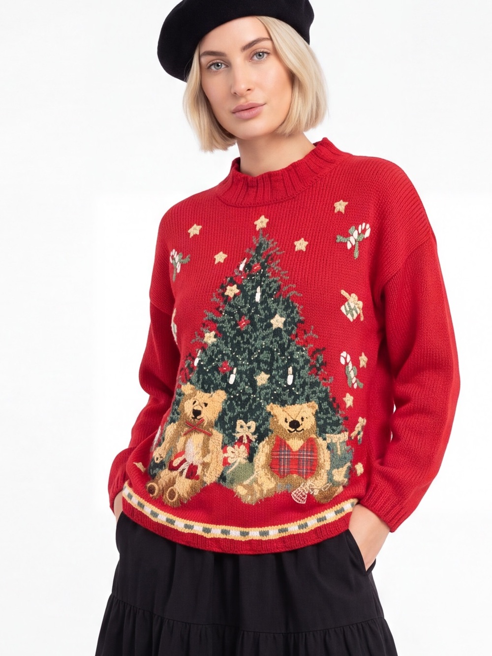 Vintage 90s Heirloom Collectibles Christmas Tree Teddy Bear Sweater Novelty